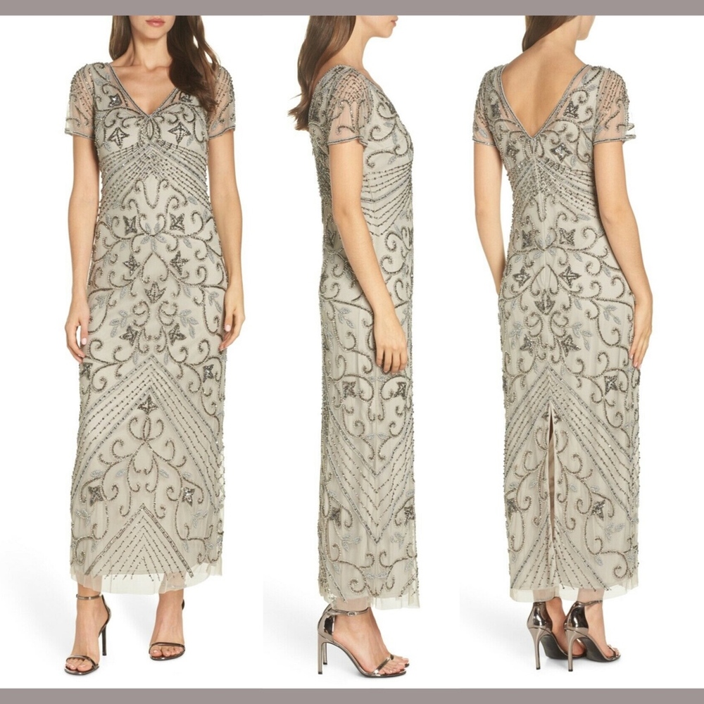 NWT‎ $238 Pisarro Nights Beaded Longline Gown in Silver [SZ 10 ]